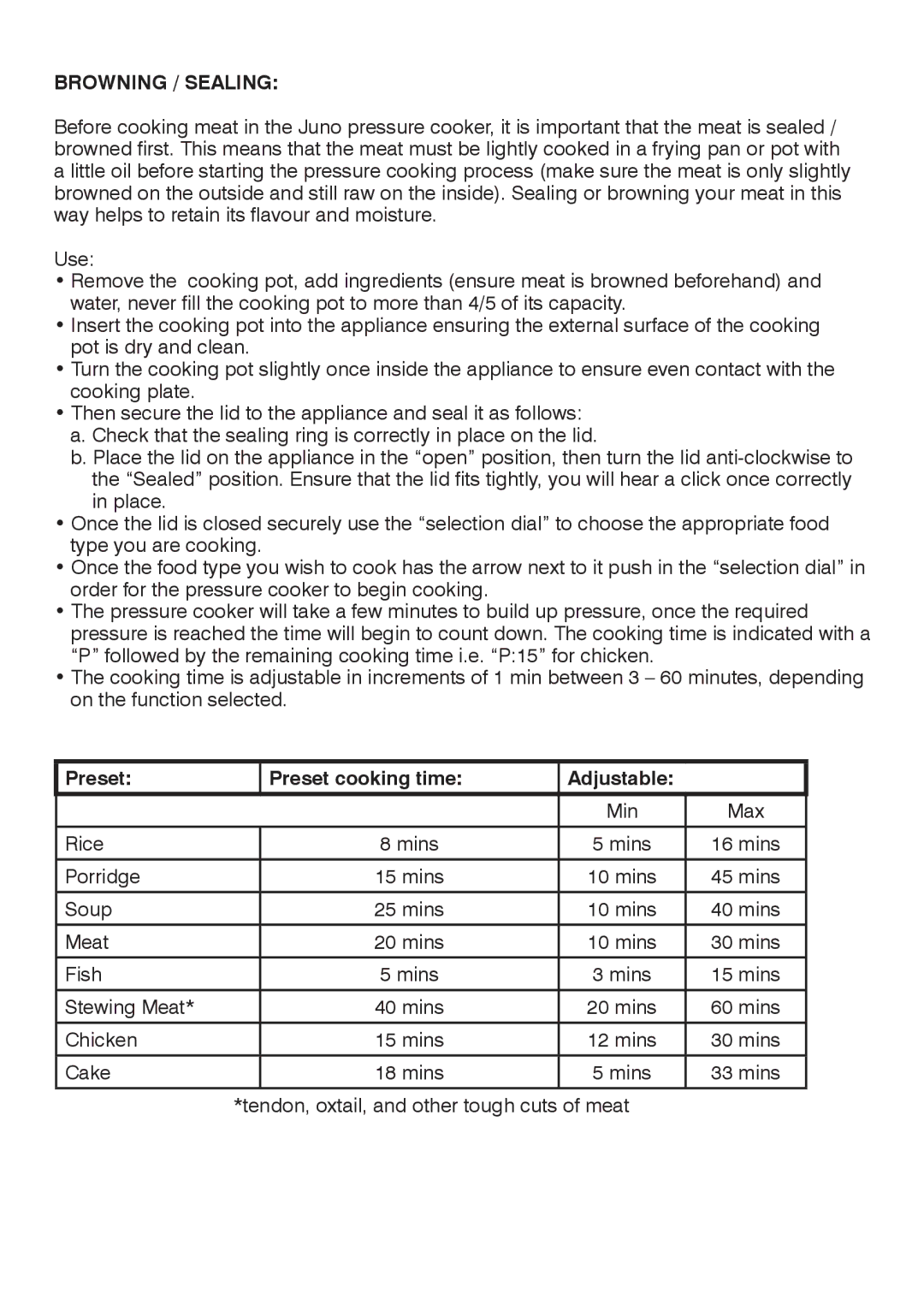 Mellerware 27400 specifications Browning / Sealing, Preset Preset cooking time Adjustable 