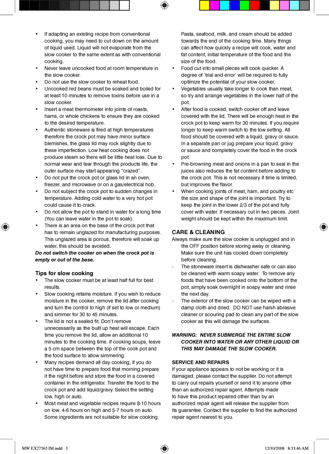 Mellerware 27565 specifications Tips for slow cooking, Care & Cleaning 