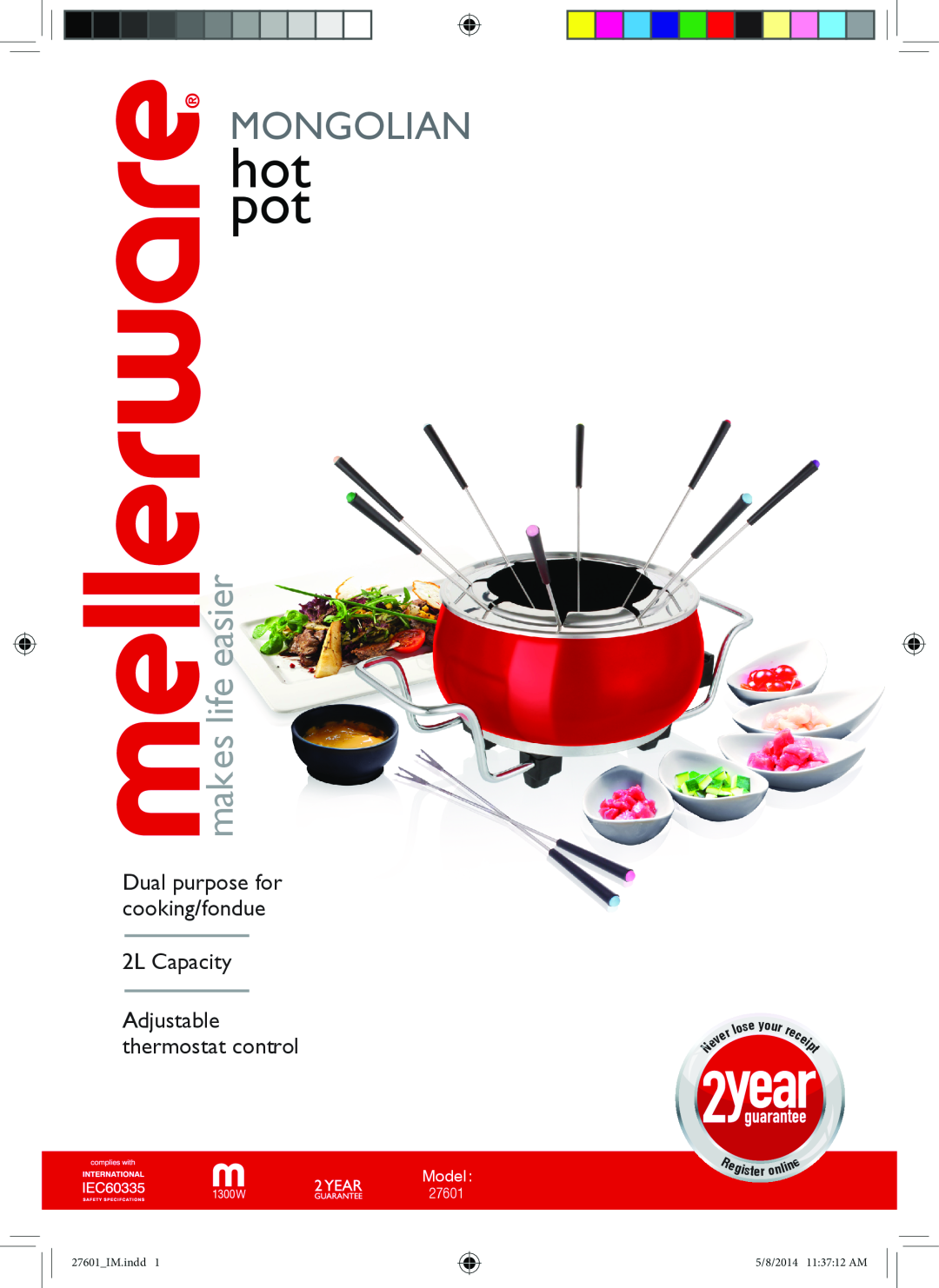 Mellerware 1300W manual hot pot, Mongolian, makes life easier, Dual purpose for cooking/fondue 2L Capacity, Model, 27601 