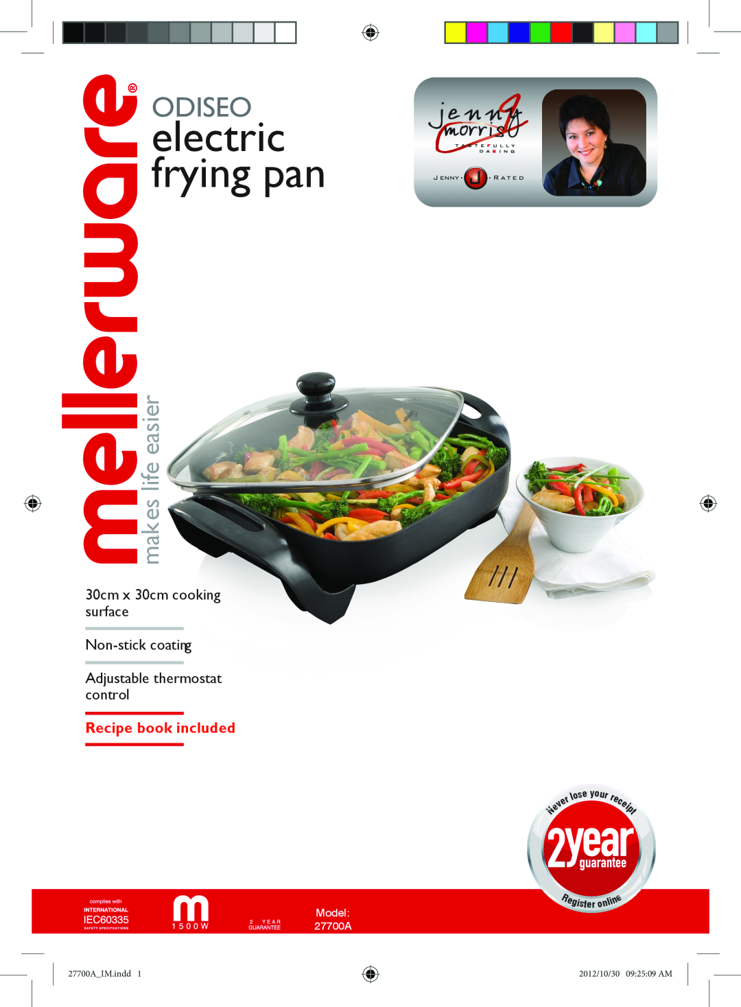 Mellerware 27700A manual electric frying pan, Odiseo, makes life easier, 30cm x 30cm cooking surface Non-stick coating 