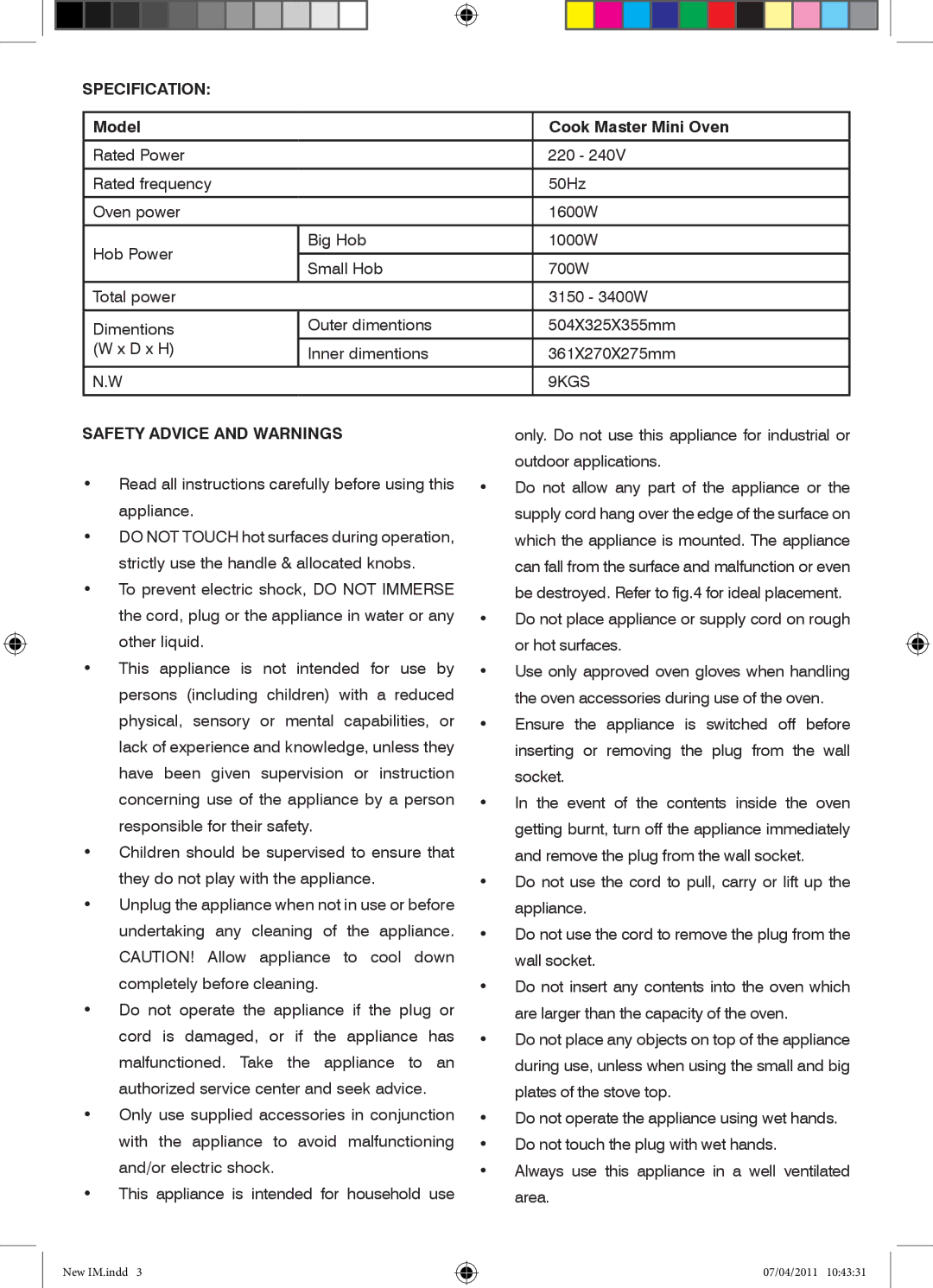 Mellerware 27800 specifications Specification, Model Cook Master Mini Oven, Safety Advice and Warnings 