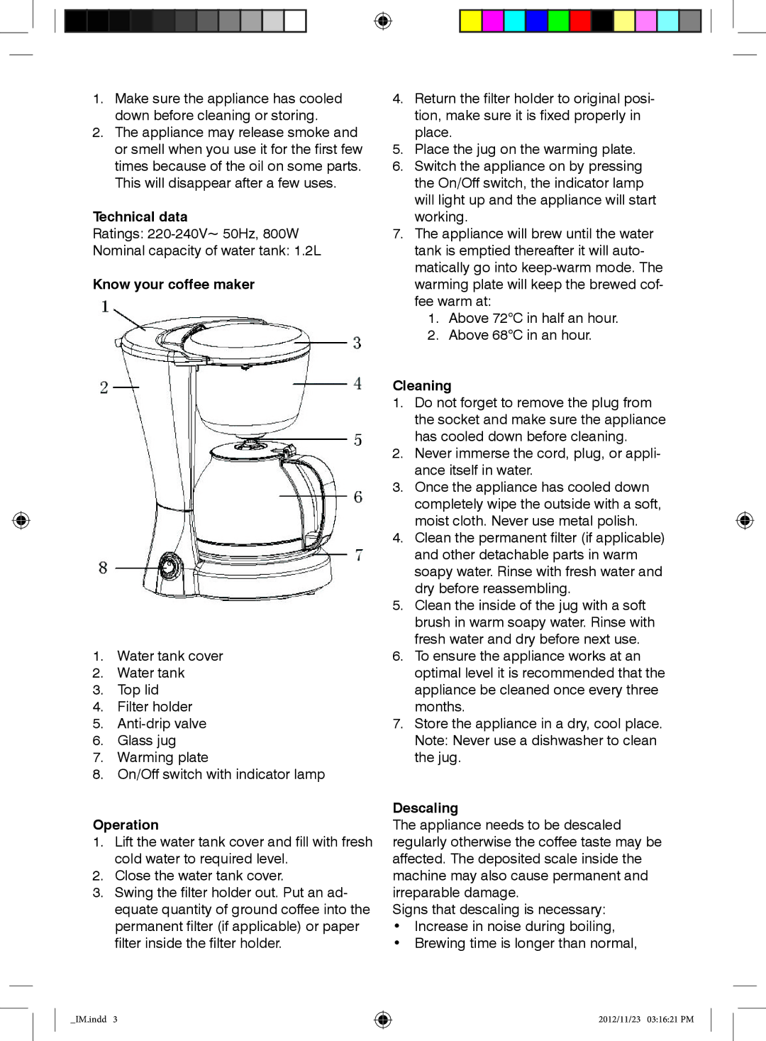 Mellerware 29500A manual Technical data, Know your coffee maker, Operation, Cleaning, Descaling 