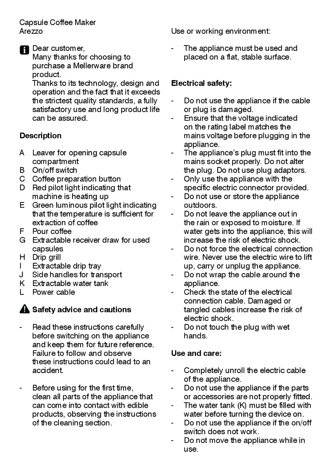 Mellerware 29777 specifications Description, Safety advice and cautions, Electrical safety, Use and care 