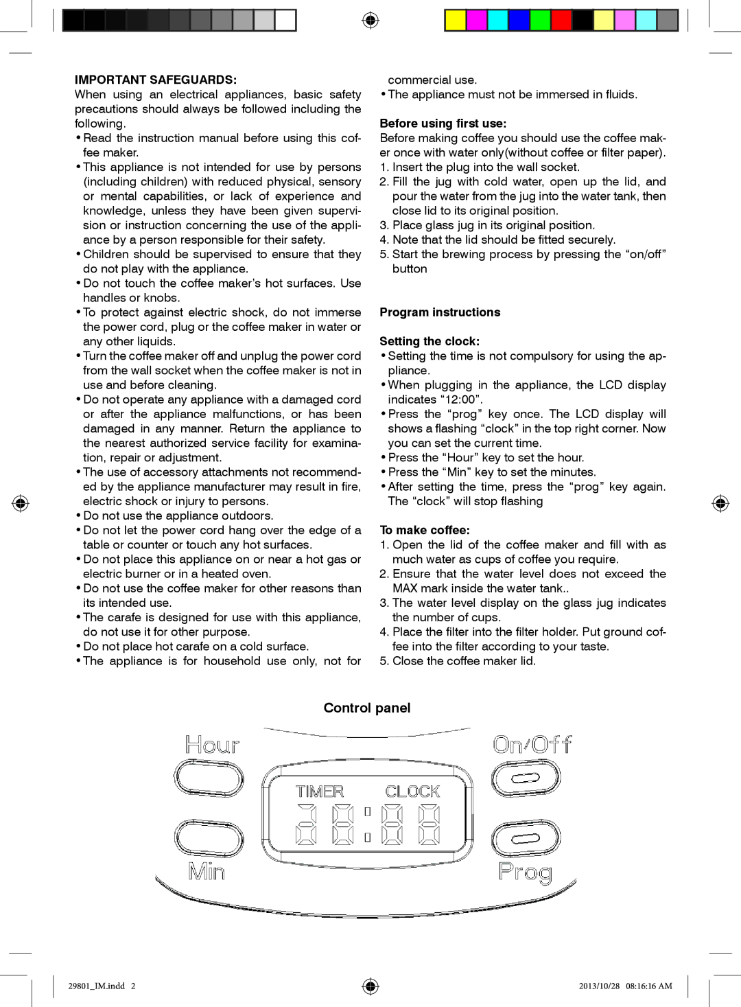 Mellerware 29801 manual Control panel, Before using first use, Program instructions Setting the clock, To make coffee 