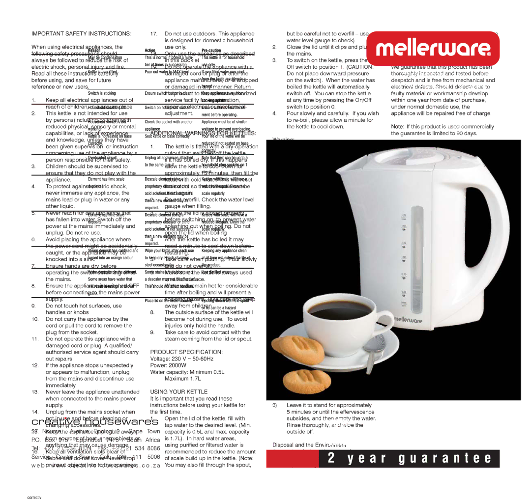 Mellerware 3 0 J Important Safety Instructions, Additional Warnings for Kettles, Using Your Kettle, Descaling, Guarantee 