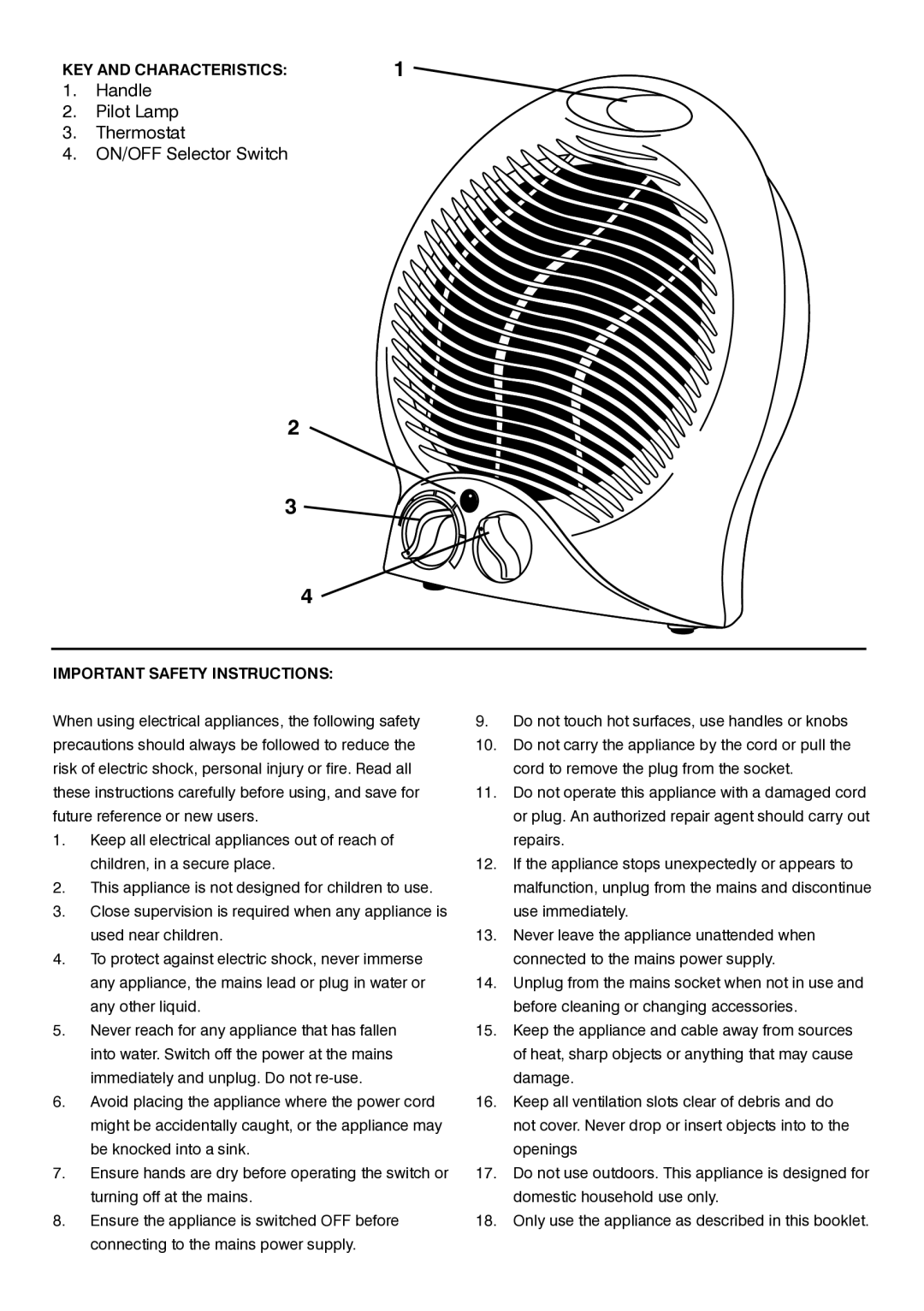 Mellerware 3 5 2 0 02000W manual KEY and Characteristics, Important Safety Instructions 