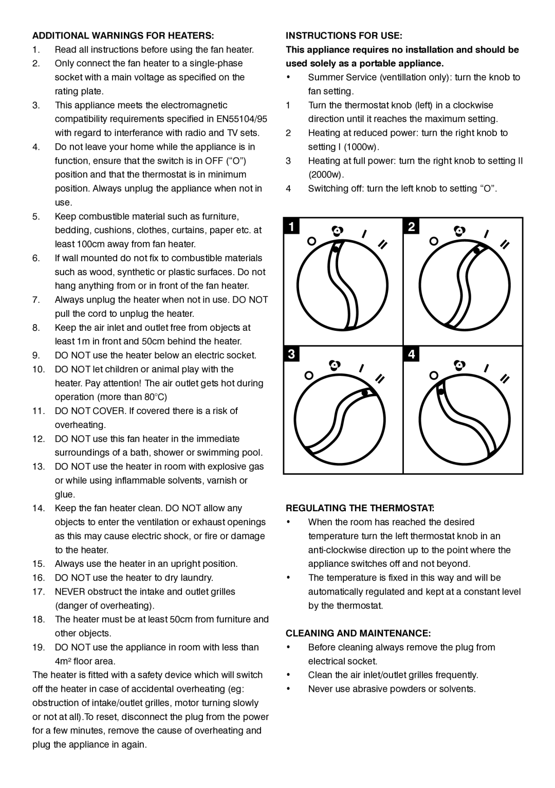 Mellerware 3 5 2 0 02000W manual Additional Warnings for Heaters, Instructions for USE, Regulating the Thermostat 