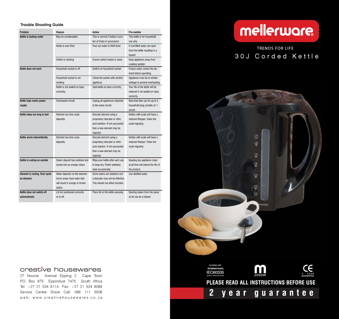 Mellerware 30J manual C o r d e d K e t t l e 