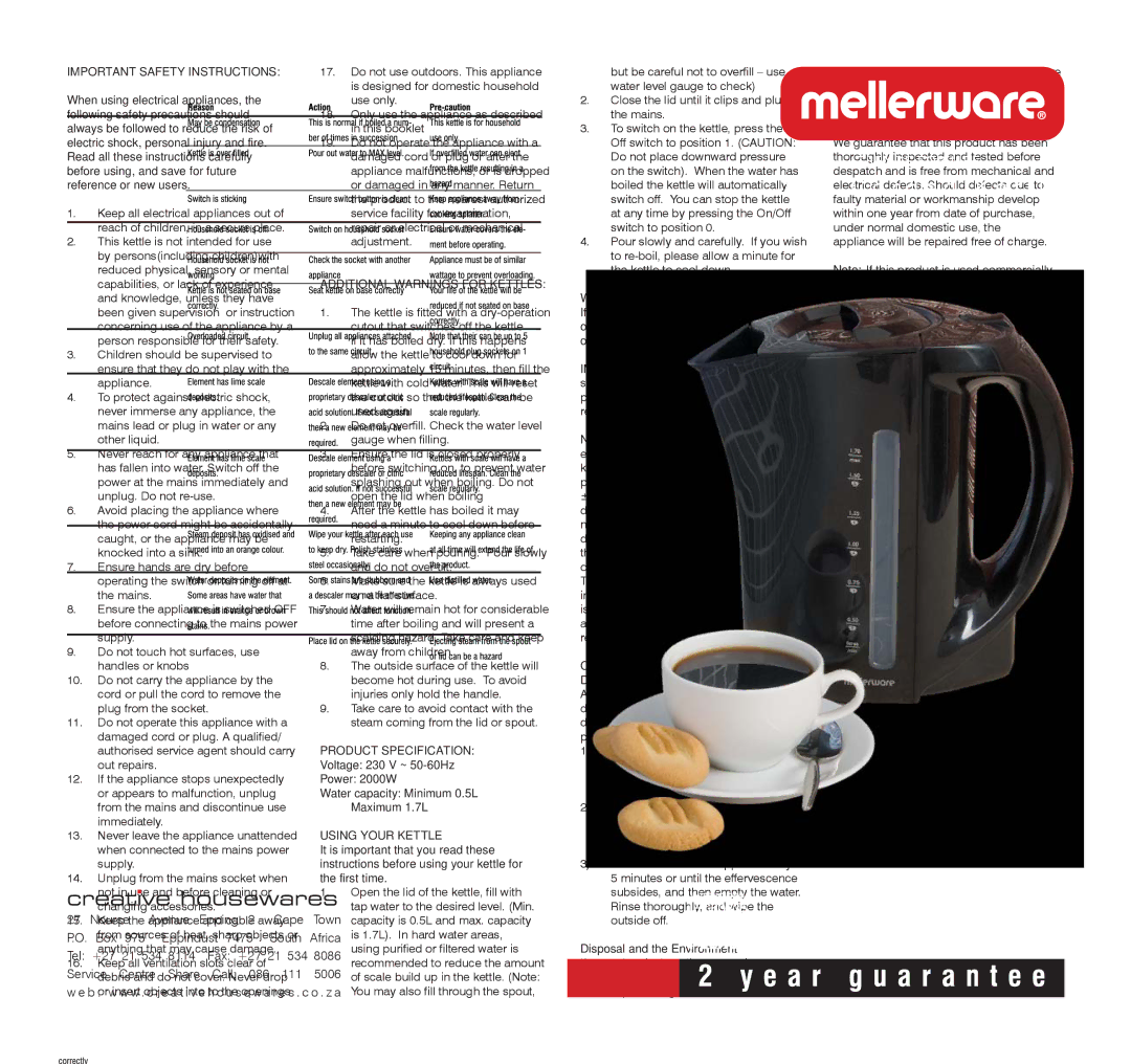 Mellerware 30J Important Safety Instructions, Additional Warnings for Kettles, Using Your Kettle, Descaling, Guarantee 