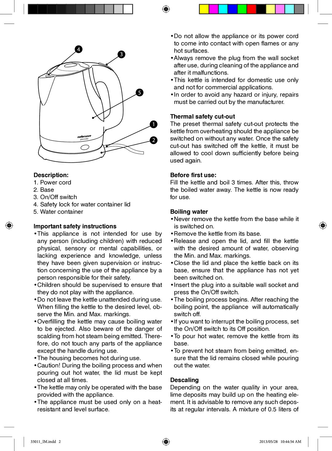 Mellerware 33011 manual Description, Important safety instructions, Thermal safety cut-out, Before first use, Boiling water 