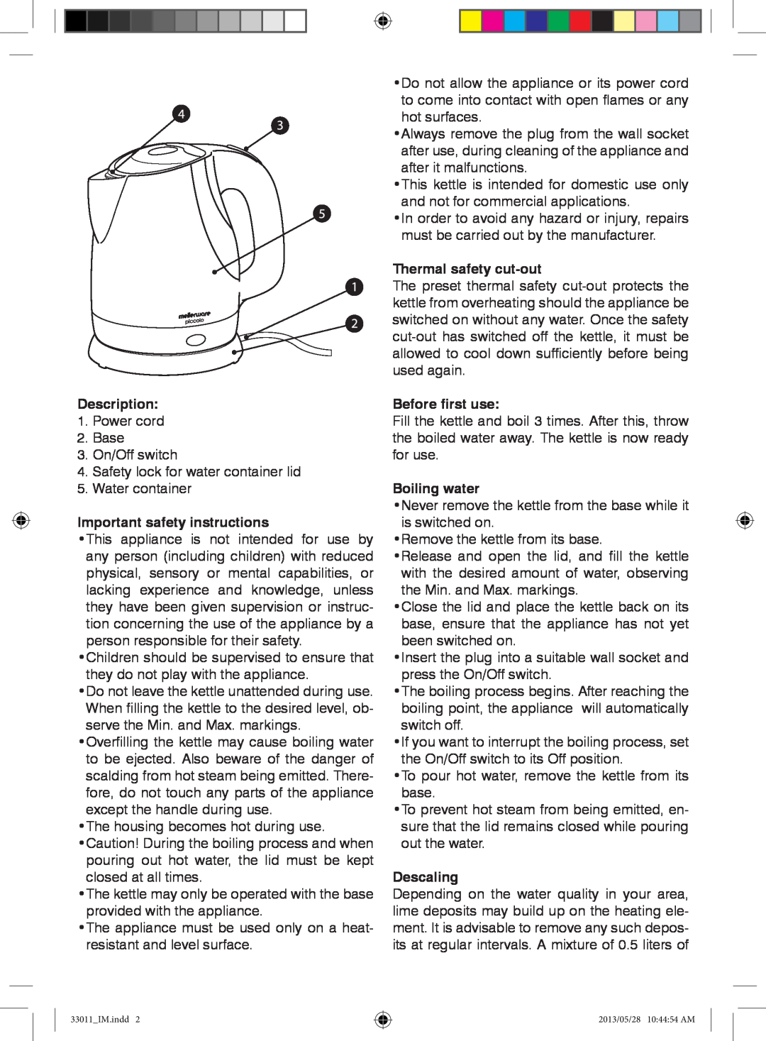 Mellerware 33011 manual Description, Important safety instructions, Thermal safety cut-out, Before first use, Boiling water 