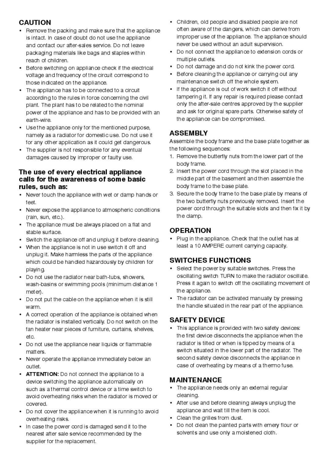 Mellerware 35400 manual Assembly, Operation, Switches Functions, Safety Device, Maintenance 