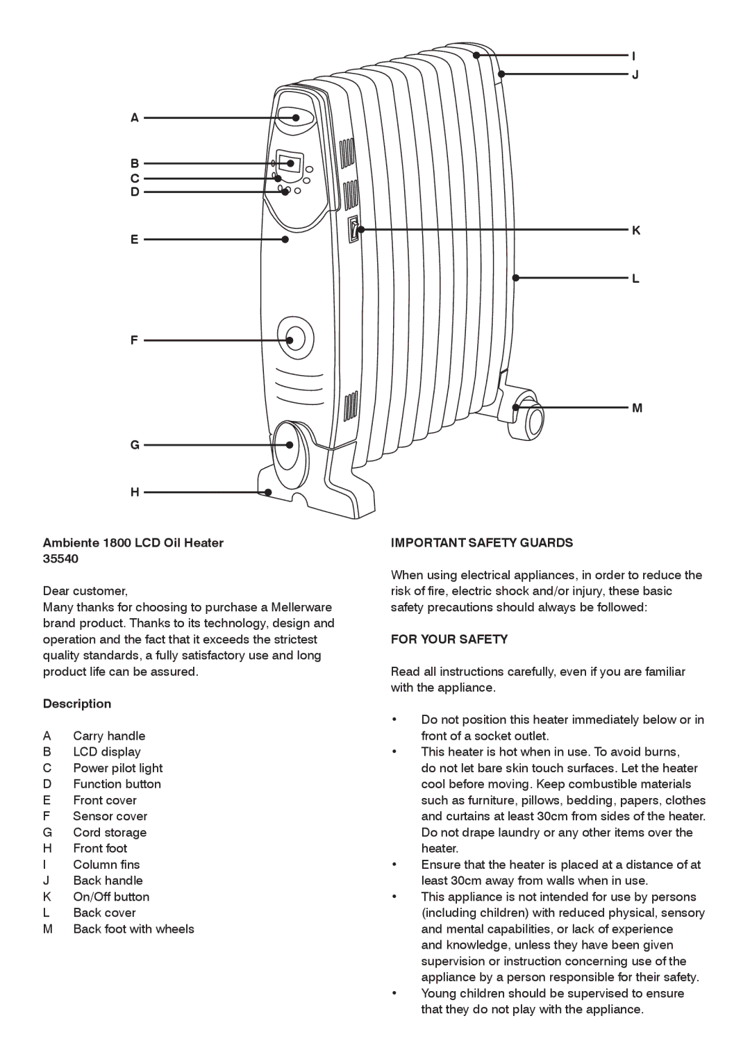 Mellerware 35540 specifications Ambiente 1800 LCD Oil Heater, Important Safety Guards, Description, For Your Safety 