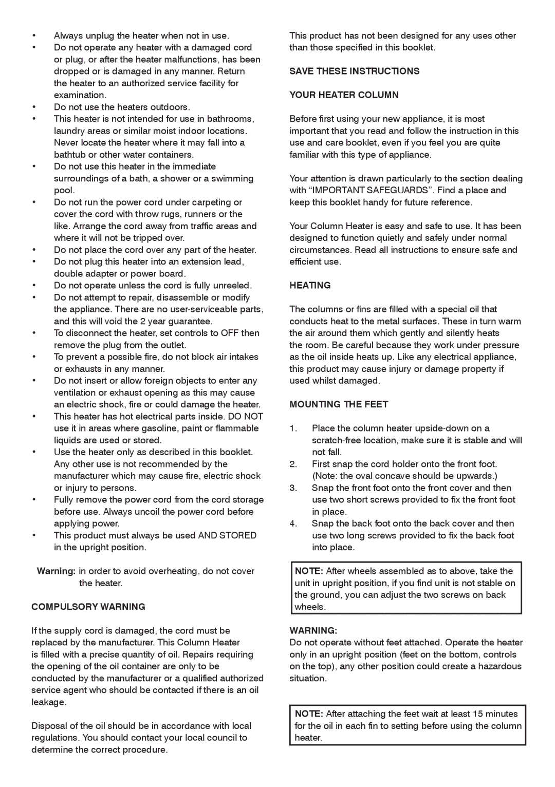 Mellerware 35540 specifications Compulsory Warning, Your Heater Column, Heating, Mounting the Feet 