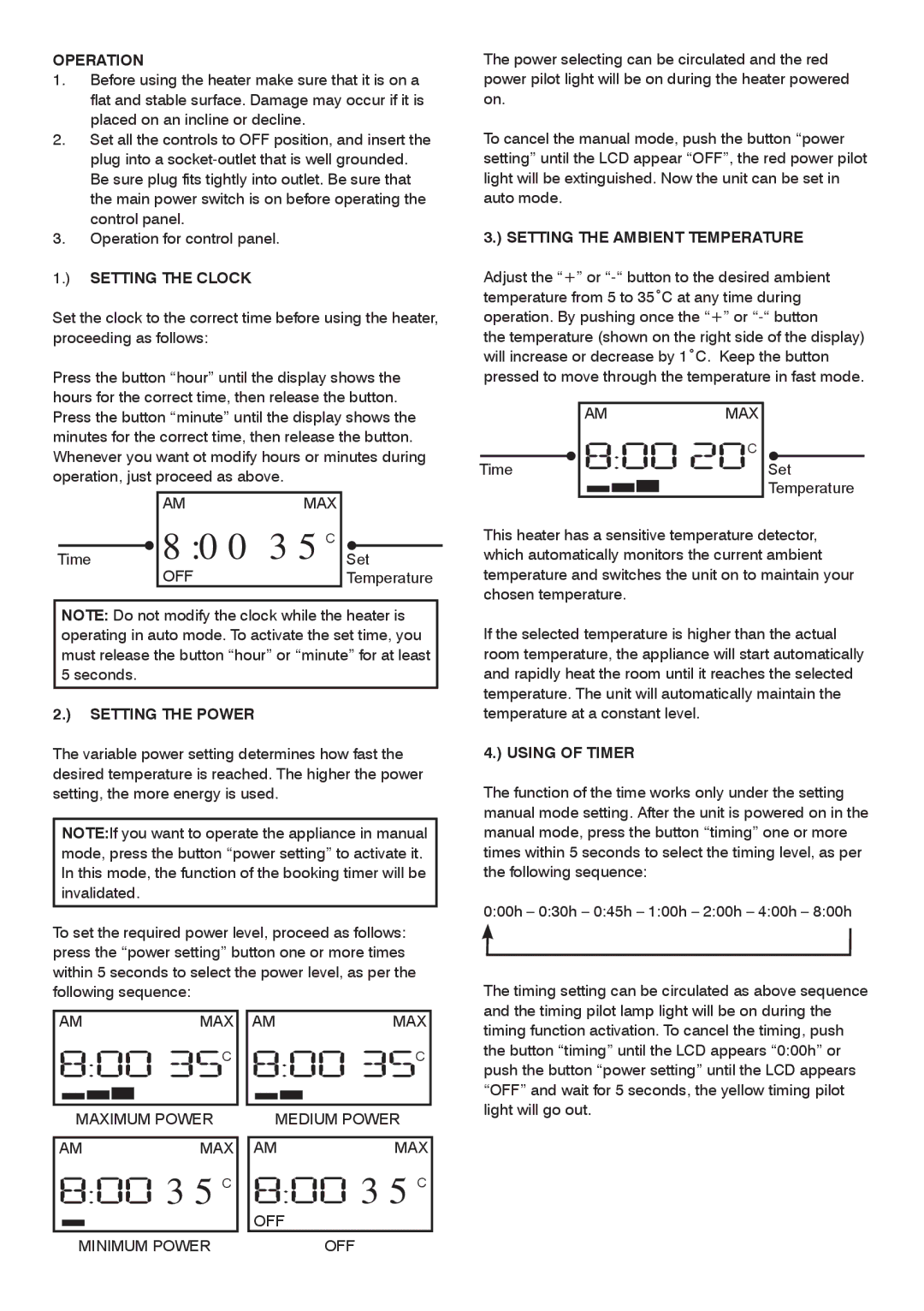 Mellerware 35540 Operation, Setting the Clock, Setting the Power, Setting the Ambient Temperature, Using of Timer 
