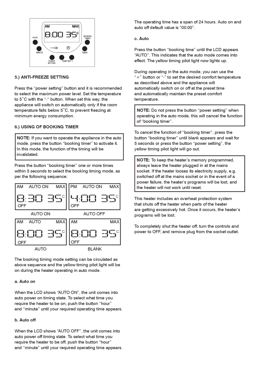 Mellerware 35540 specifications ANTI-FREEZE Setting, Using of Booking Timer, Auto on, Auto off 