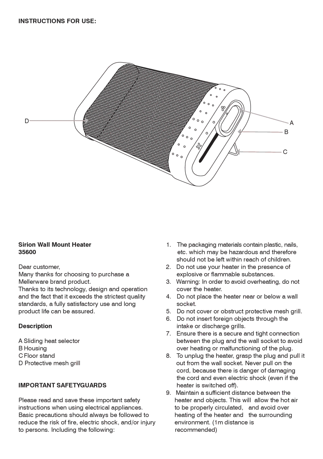 Mellerware 35600 manual Instructions for USE, Important Safetyguards 