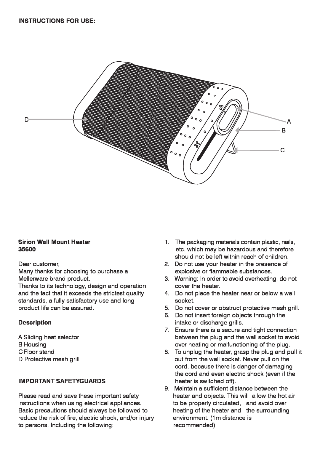 Mellerware 35600 manual Instructions For Use, Sirion Wall Mount Heater, Description, Important Safetyguards 