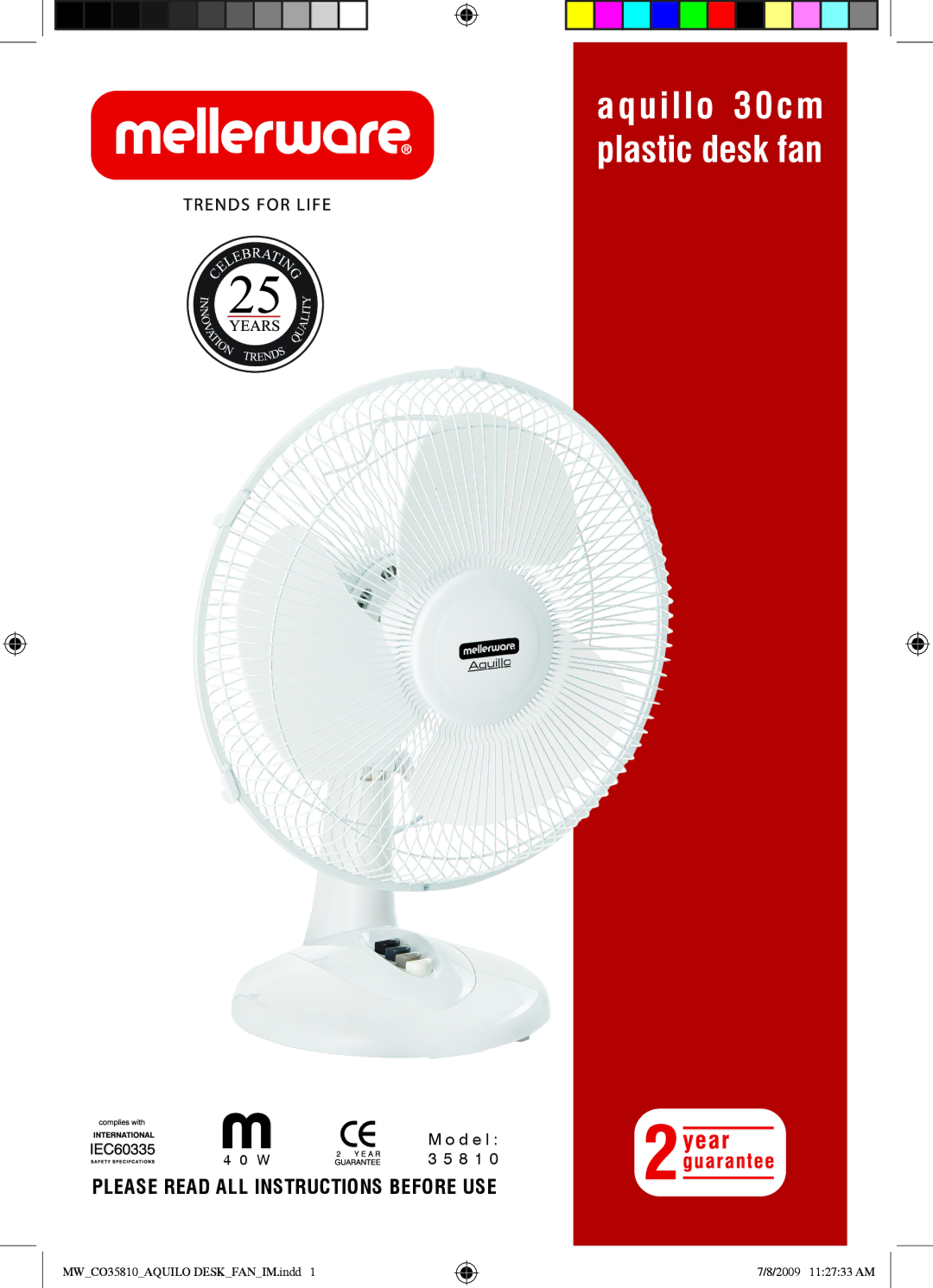 Mellerware 35810 manual Aquillo 30cm plastic desk fan 