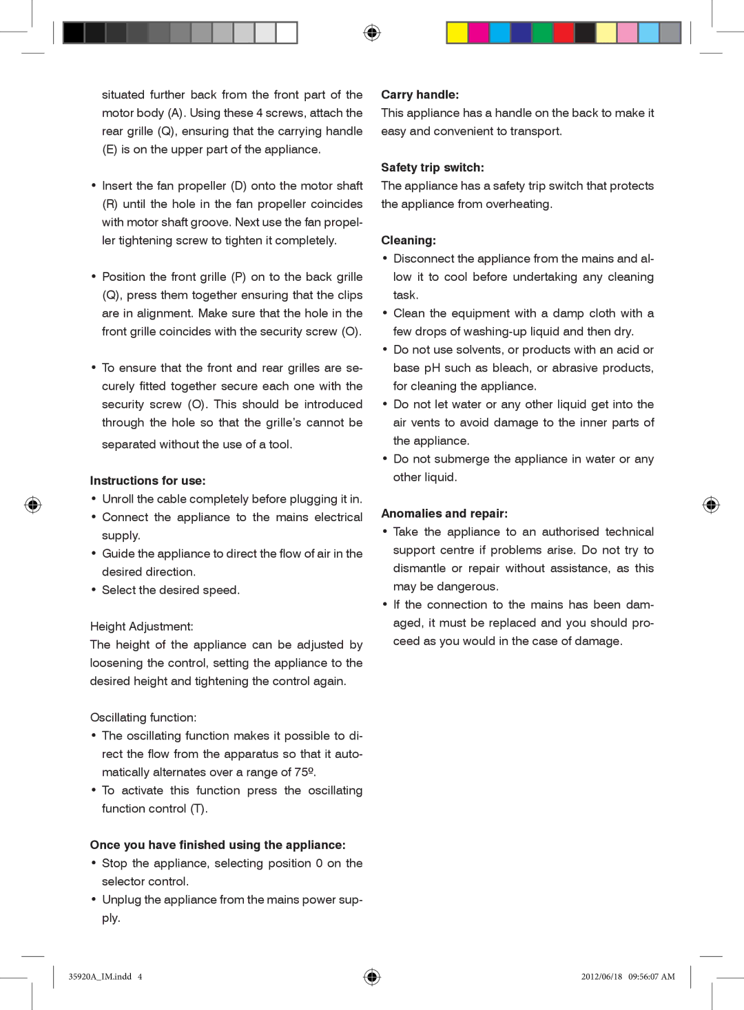 Mellerware 35920A Instructions for use, Once you have finished using the appliance, Carry handle, Safety trip switch 