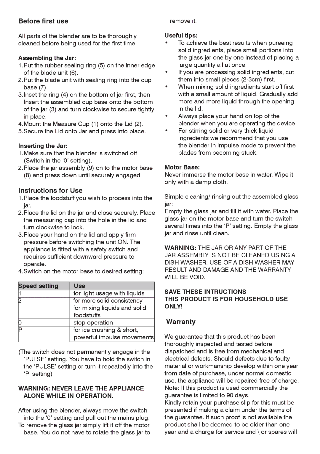 Mellerware 6 2 0 0 7, 62000 specifications Before first use, Instructions for Use, Warranty 