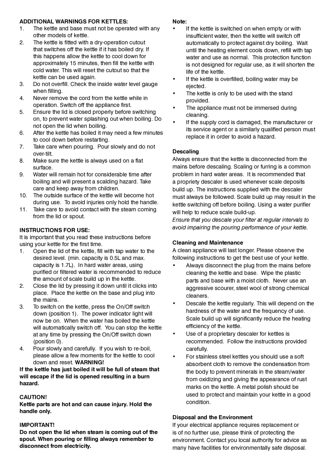 Mellerware 21405, 62200W manual Additional Warnings for Kettles, Instructions for USE, Descaling, Cleaning and Maintenance 