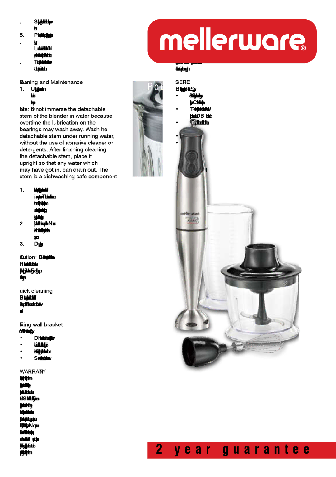 Mellerware 8 5 3 0 0 specifications Cleaning and Maintenance, Quick cleaning, Fixing wall bracket 