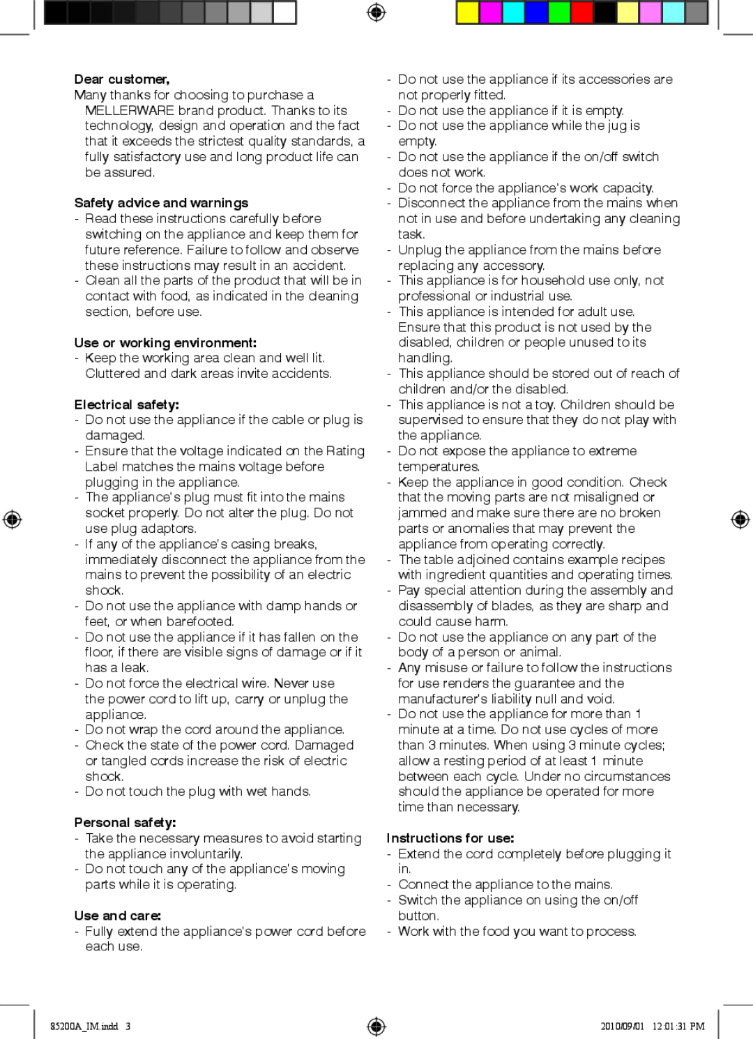 Mellerware 85200A Dear customer, Safety advice and warnings, Use or working environment, Electrical safety, Use and care 