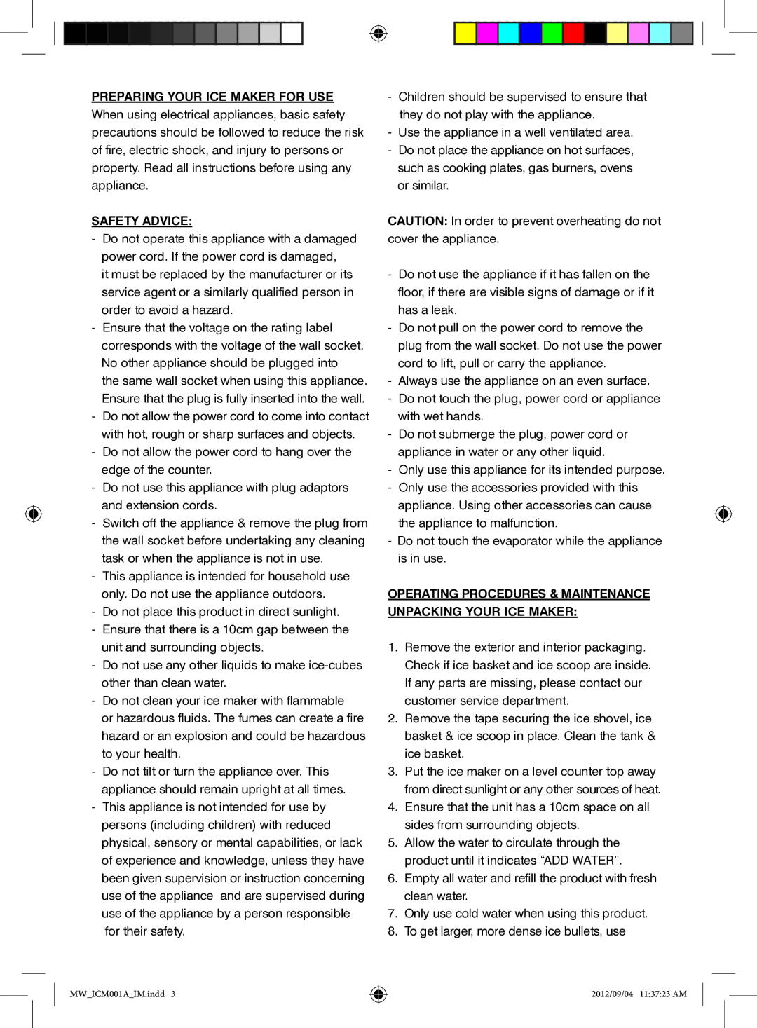 Mellerware ICM00IA specifications Safety Advice, Operating Procedures & Maintenance Unpacking Your ICE Maker 