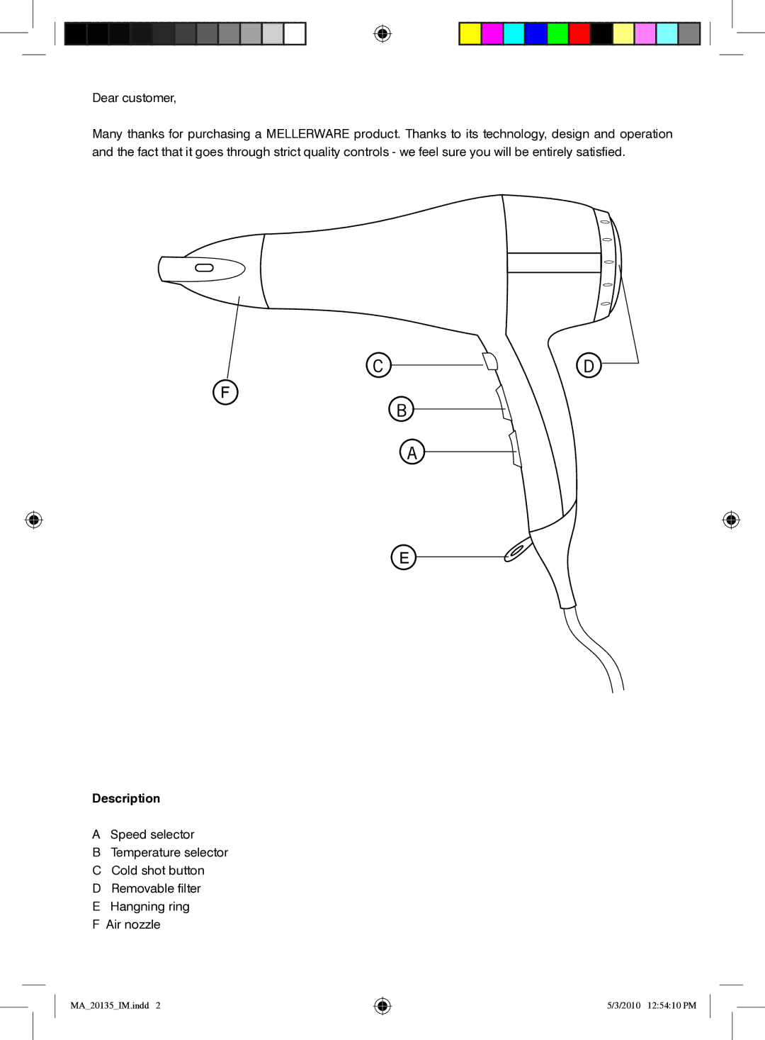 Mellerware MA20135 manual Description 