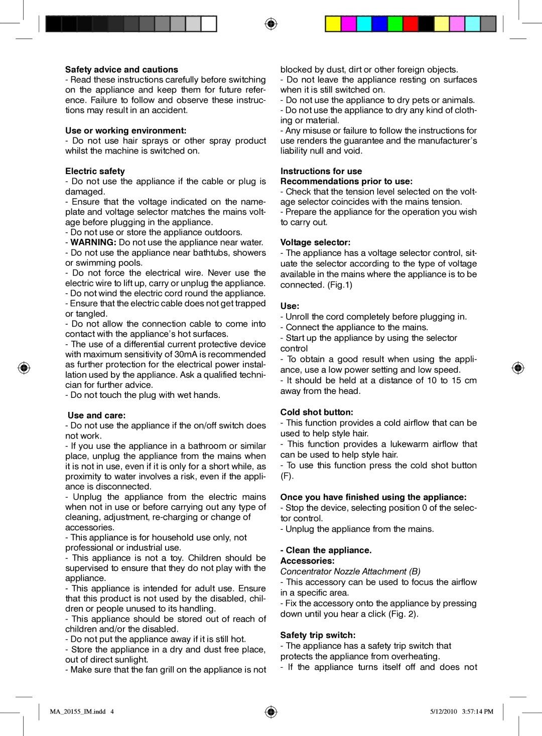 Mellerware MA20155 Safety advice and cautions, Use or working environment, Electric safety, Use and care, Voltage selector 