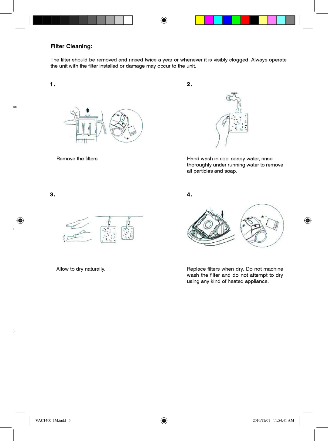 Mellerware VAC14001400W specifications Filter Cleaning 