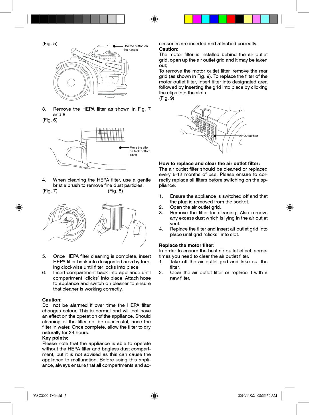 Mellerware VAC20002000W specifications Key points, Replace the motor filter 