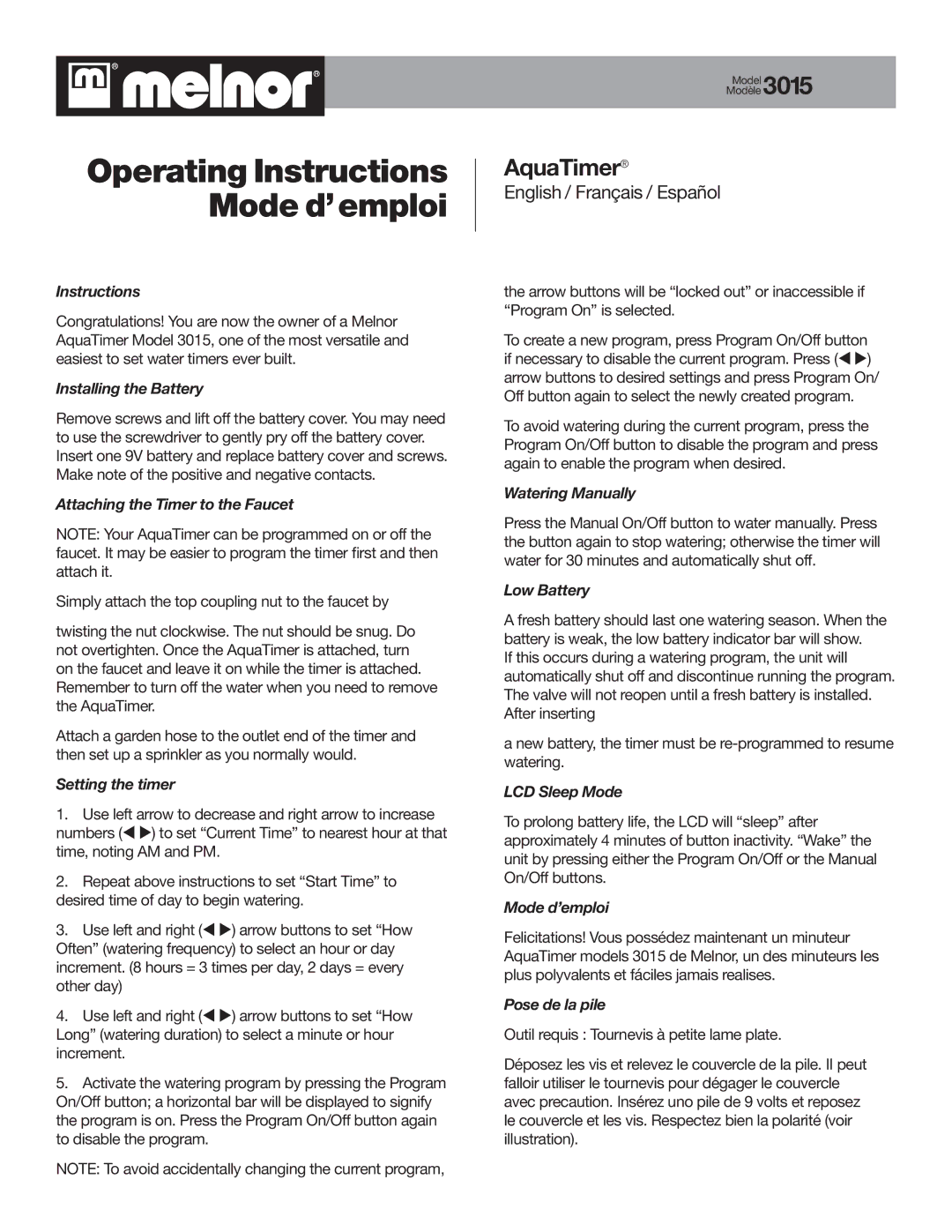 Melnor Industries 3015 manual Instructions, Installing the Battery, Attaching the Timer to the Faucet, Setting the timer 