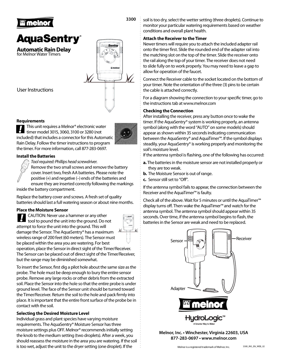 Melnor Industries 3300 manual Requirements, Install the Batteries, Place the Moisture Sensor, Checking the Connection 