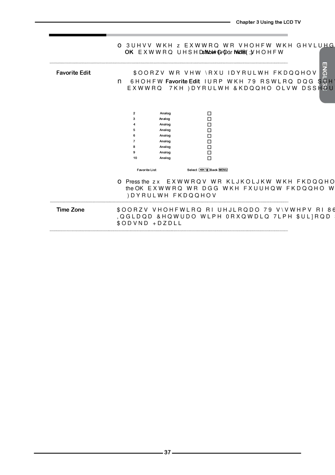 Memorex 1080p manual OK button repeatedly to select show  or hide , Favorite Edit Allows to set your favorite channels 