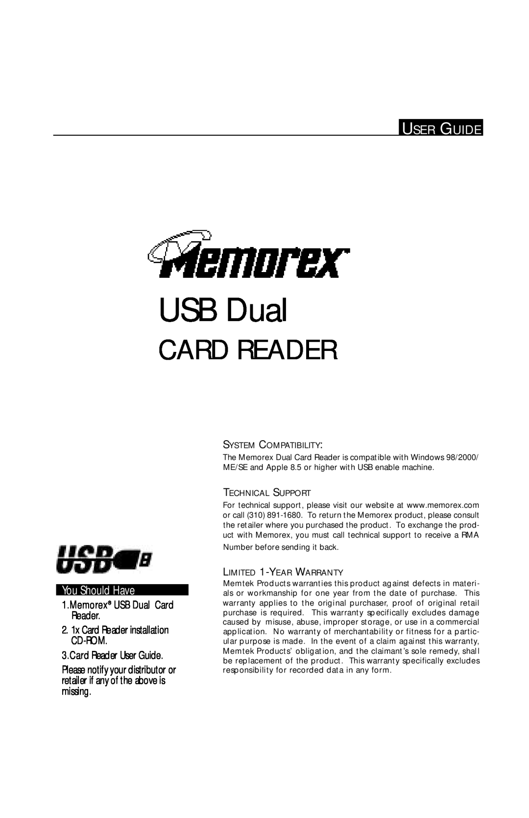 Memorex 53954739 warranty You Should Have, USB Dual, Card Reader User Guide 