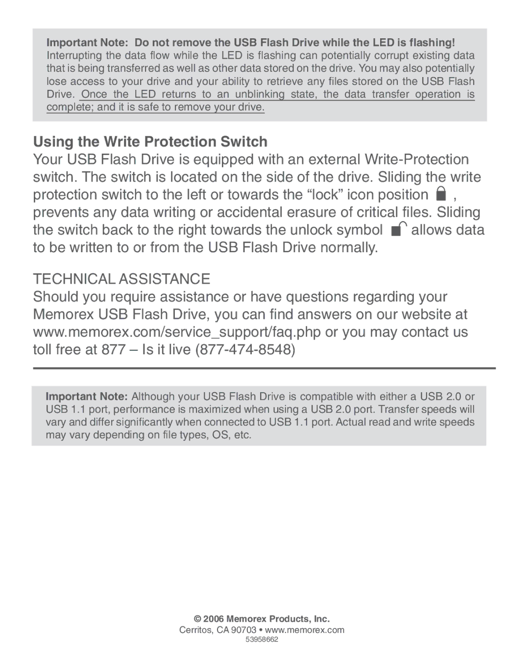 Memorex 53958662 quick start Using the Write Protection Switch, Technical Assistance 