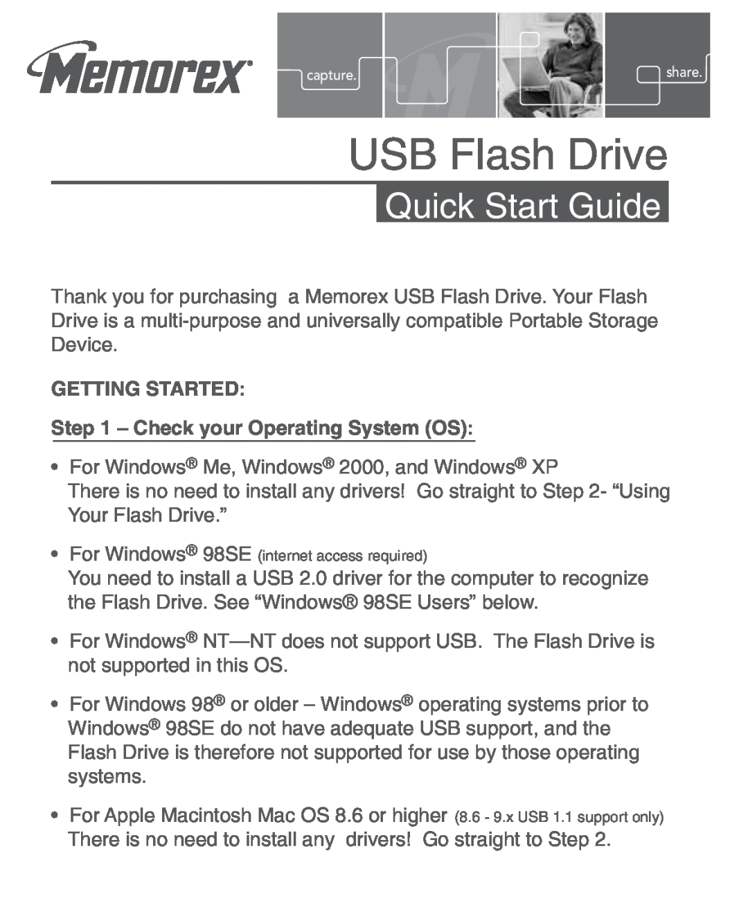 Memorex 53958662 quick start GETTING STARTED - Check your Operating System OS, USB Flash Drive, Quick Start Guide 