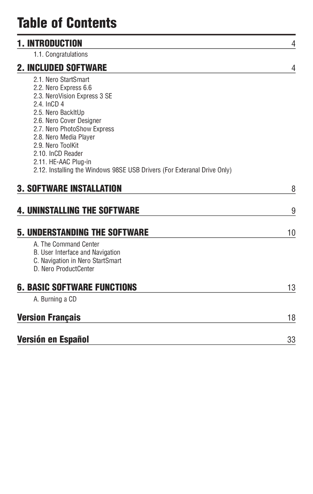 Memorex 6 manual Table of Contents 