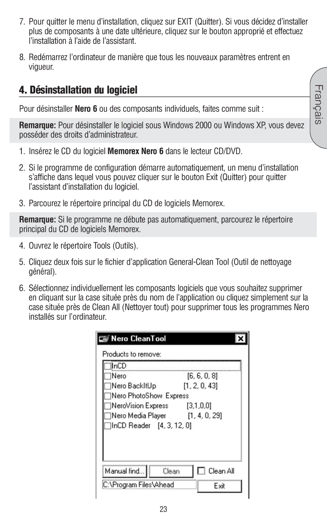 Memorex 6 manual Désinstallation du logiciel 