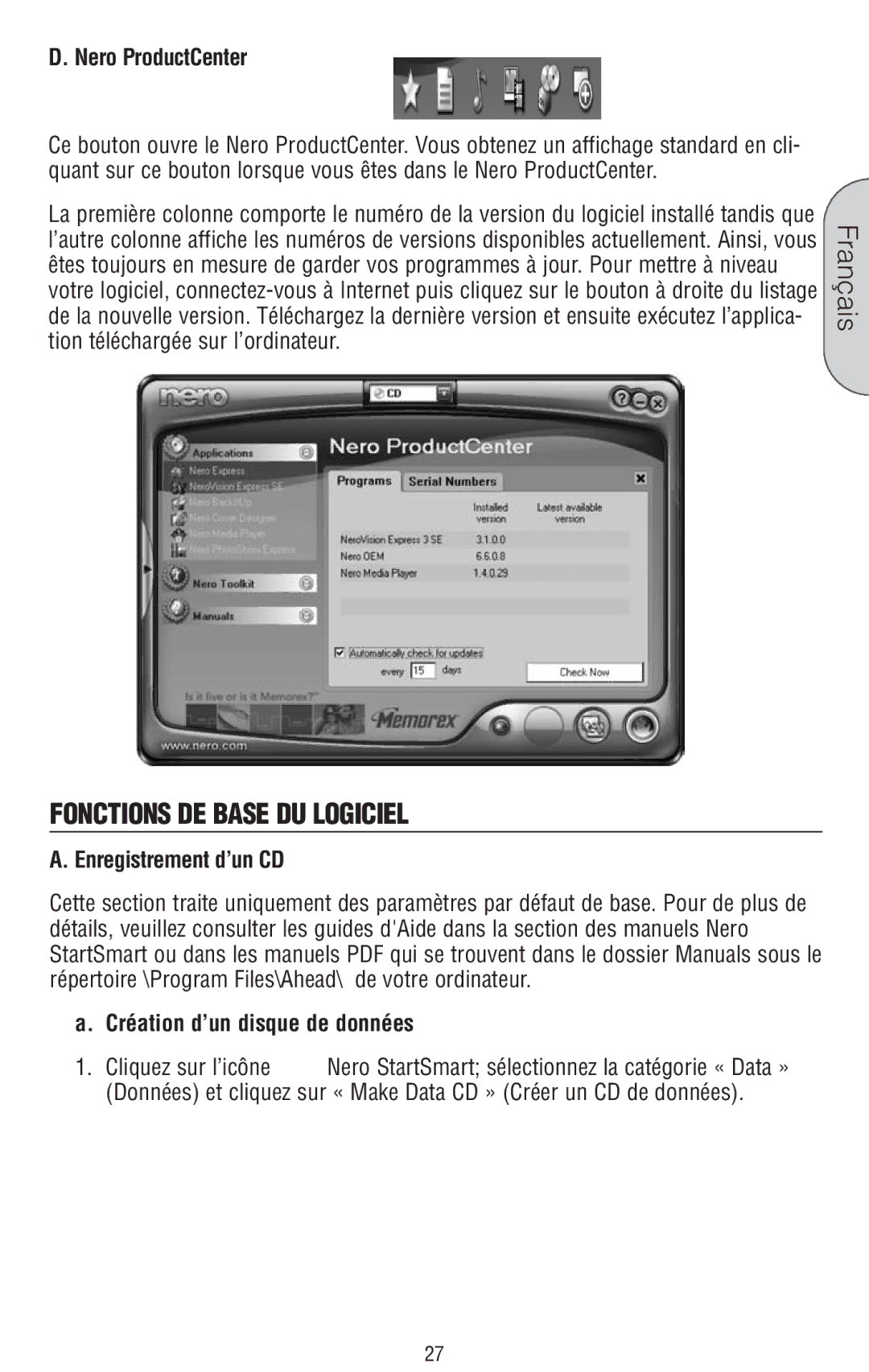 Memorex 6 manual Fonctions DE Base DU Logiciel, Enregistrement d’un CD Création d’un disque de données 