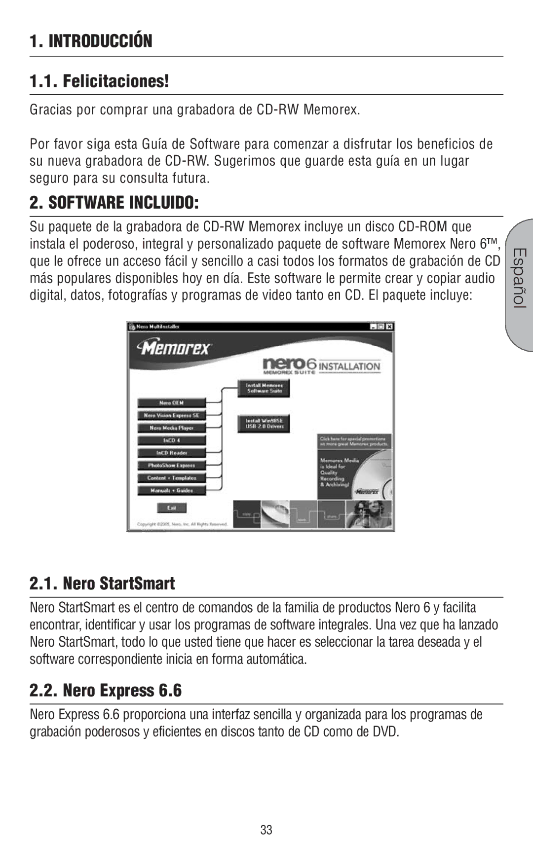 Memorex 6 manual Introducción, Felicitaciones, Software Incluido 