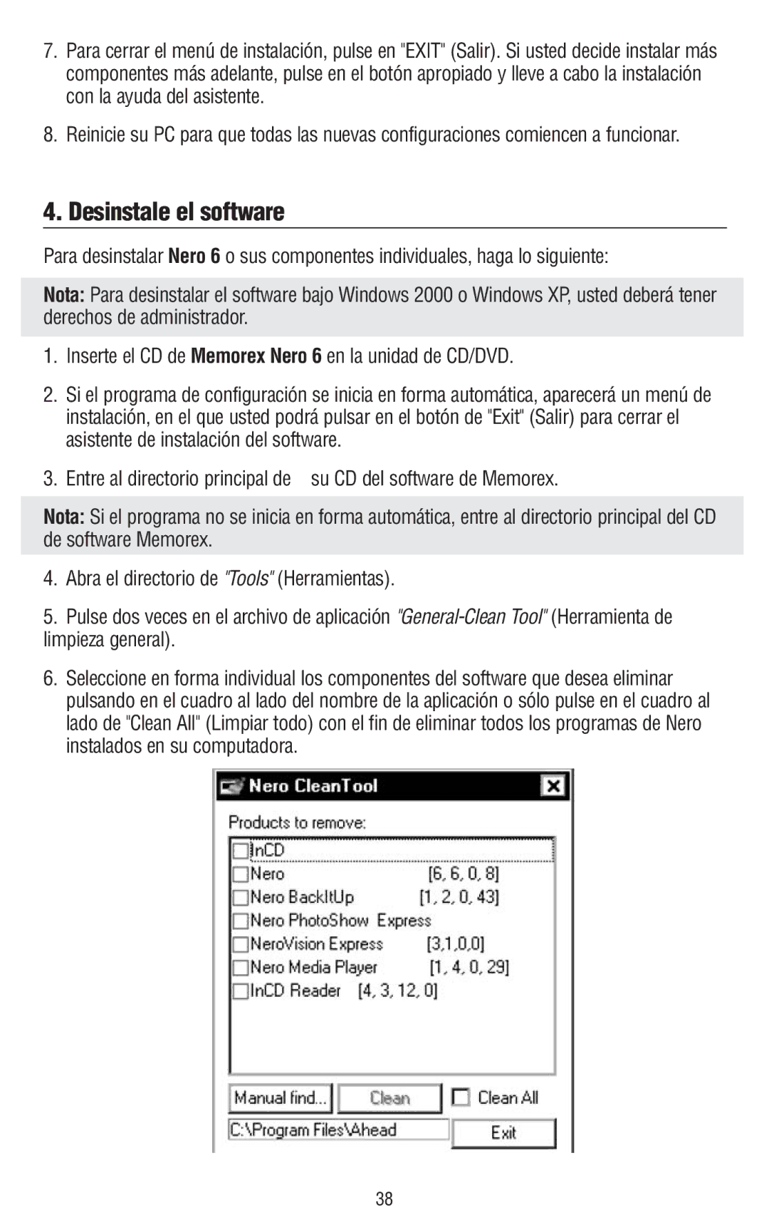 Memorex 6 manual Desinstale el software 