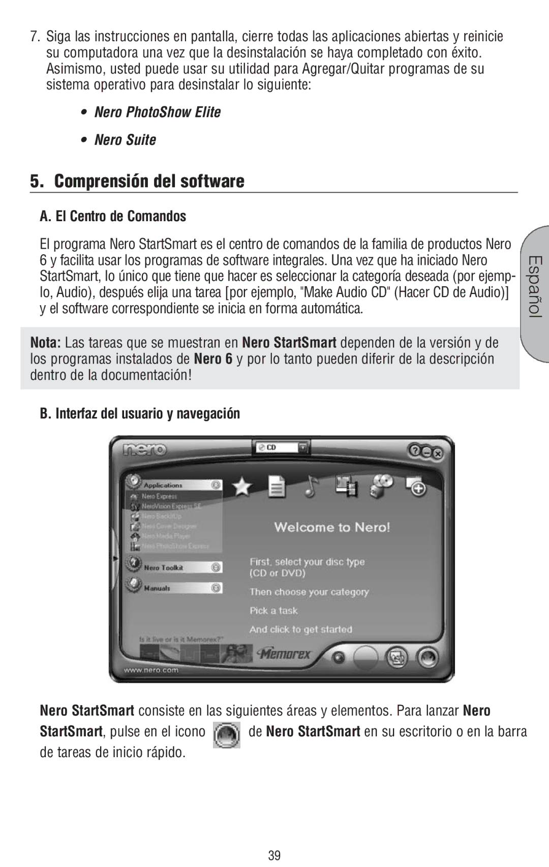 Memorex 6 manual Comprensión del software, El Centro de Comandos, Interfaz del usuario y navegación 