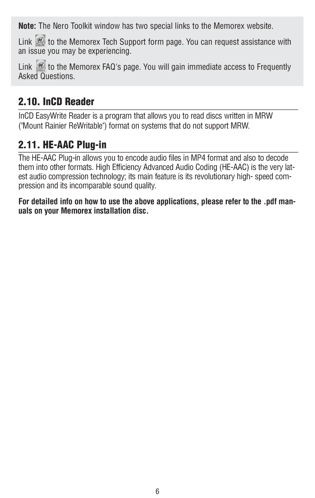 Memorex 6 manual InCD Reader, HE-AAC Plug-in 