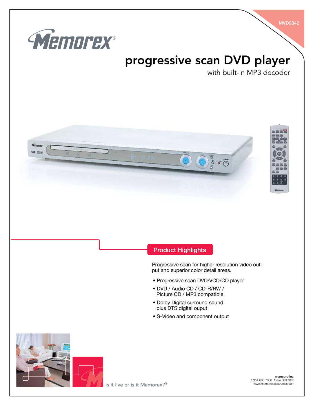 Memorex 749720-00314-3 manual Progressive scan DVD player, With built-in MP3 decoder, Product Highlights 