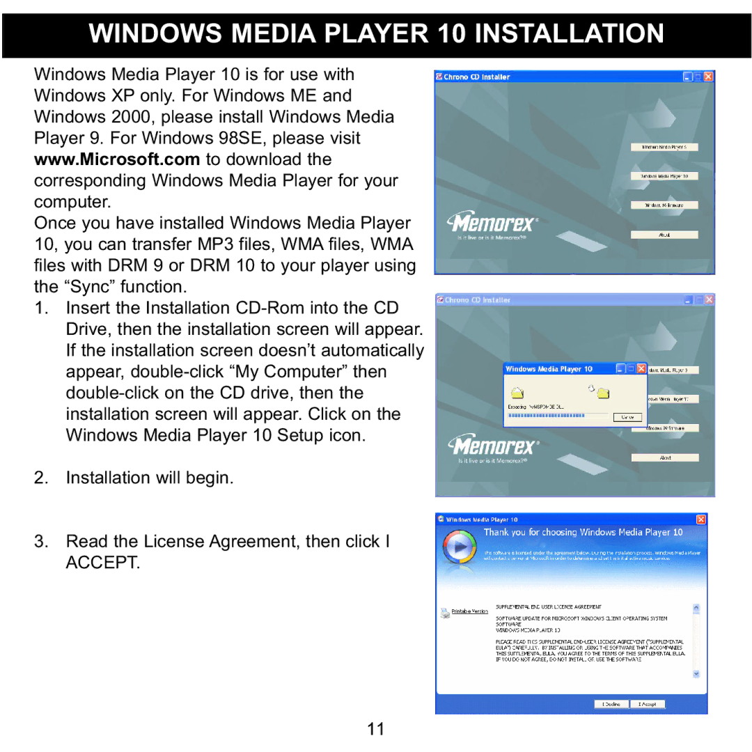 Memorex 8564 manual Windows Media Player 10 Installation 