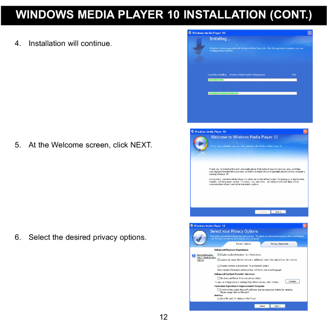 Memorex 8564 manual Windows Media Player 10 Installation 