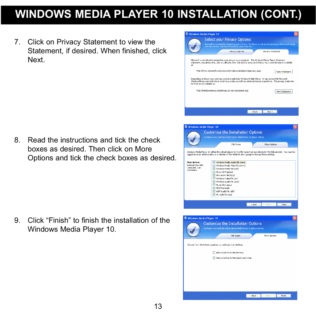 Memorex 8564 manual Windows Media Player 10 Installation 